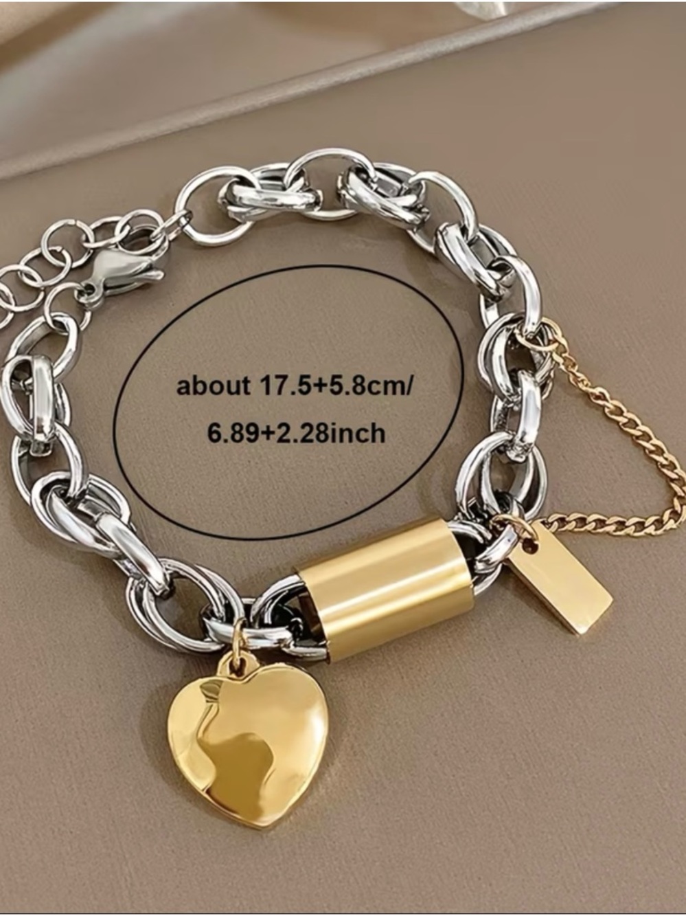 🤩LOOK🤩Two-Tone Gold and Silver Pop Chunky Padlock Charm Bracelet - Picture 4 of 5